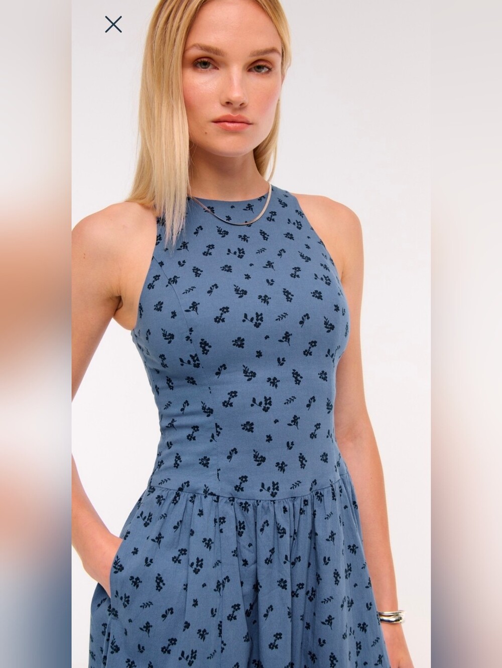 NWT Abercrombie & Fitch High Neck Drop Waist Midi Blue Floral Dress Size S